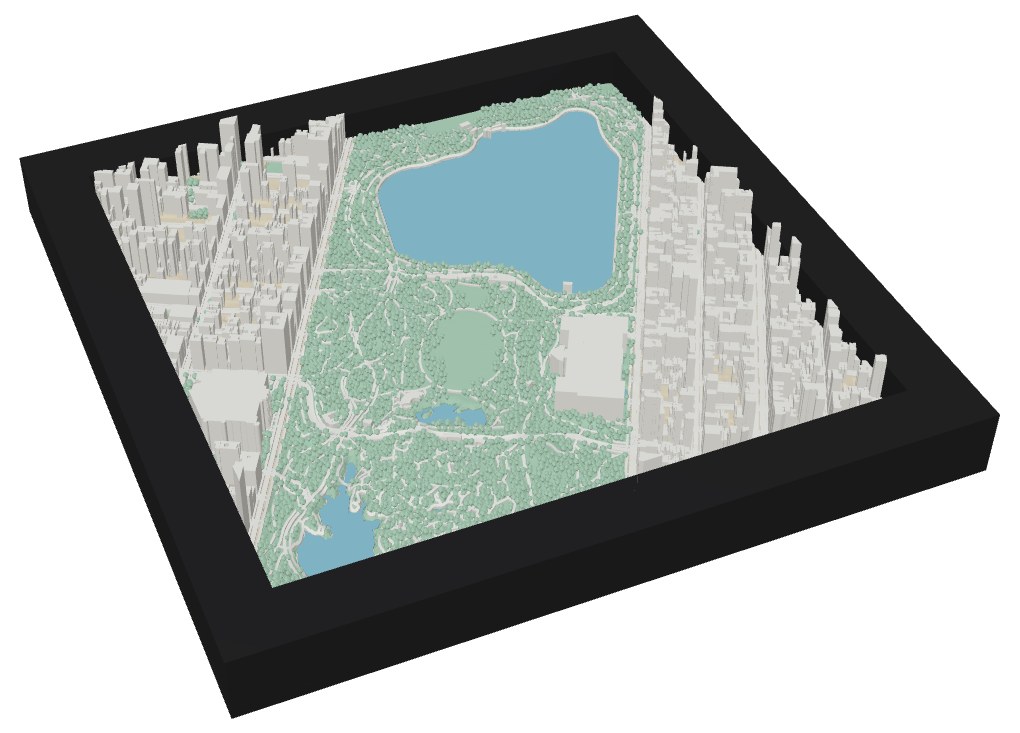 A framed 3D map of Central Park in New York, with the lake, trees and buildings around it.